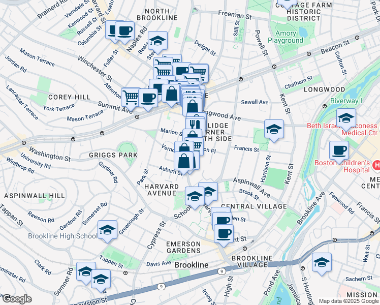 map of restaurants, bars, coffee shops, grocery stores, and more near 181 Harvard Street in Brookline