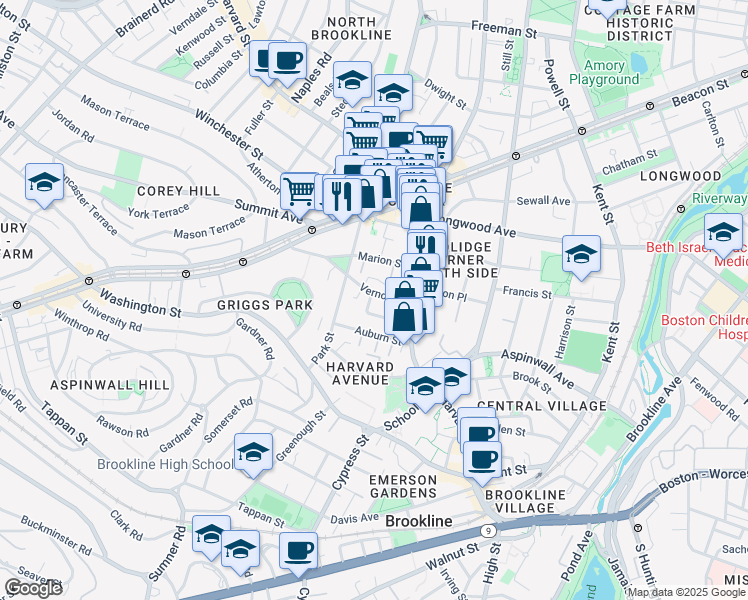 map of restaurants, bars, coffee shops, grocery stores, and more near 27 Vernon Street in Brookline