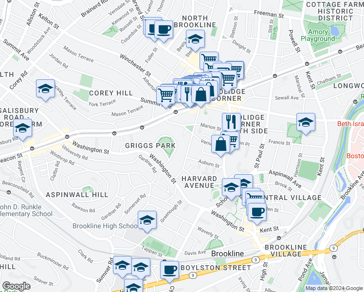 map of restaurants, bars, coffee shops, grocery stores, and more near 5 Griggs Terrace in Brookline