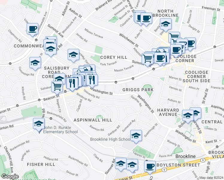 map of restaurants, bars, coffee shops, grocery stores, and more near in Brookline