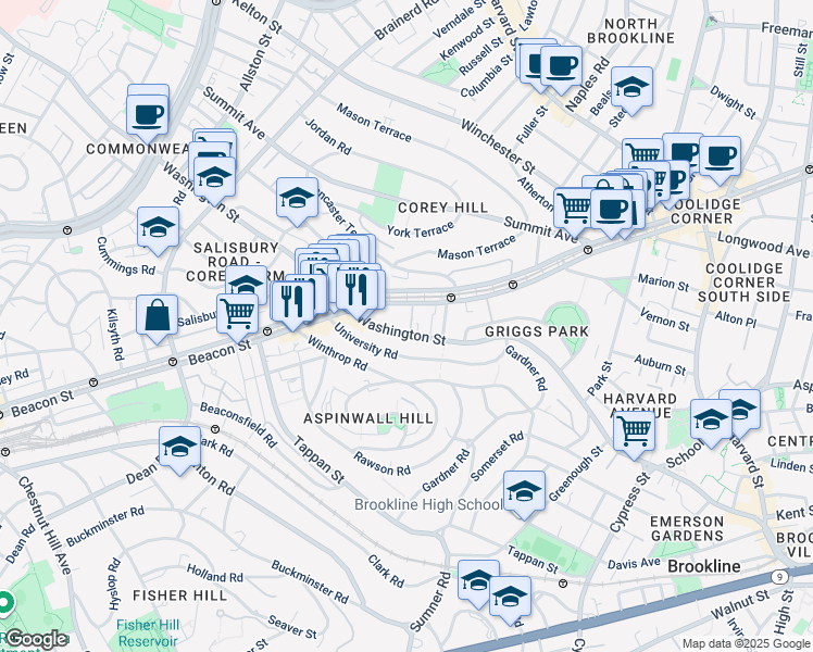 map of restaurants, bars, coffee shops, grocery stores, and more near 1581 Beacon Street in Brookline