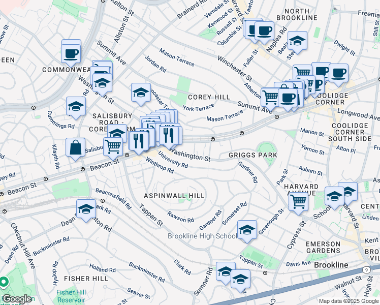 map of restaurants, bars, coffee shops, grocery stores, and more near 1581 Beacon Street in Brookline