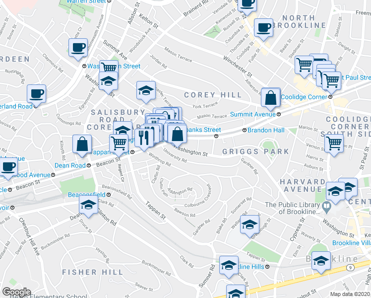 map of restaurants, bars, coffee shops, grocery stores, and more near 714 Washington Street in Brookline