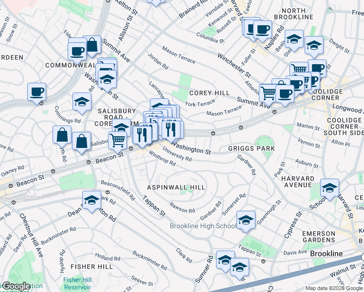 map of restaurants, bars, coffee shops, grocery stores, and more near in Brookline