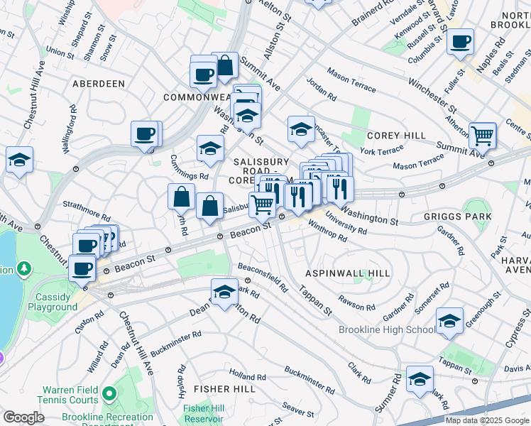 map of restaurants, bars, coffee shops, grocery stores, and more near in Brookline