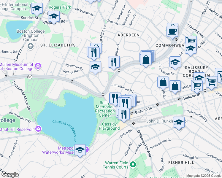 map of restaurants, bars, coffee shops, grocery stores, and more near 1848 Commonwealth Avenue in Boston