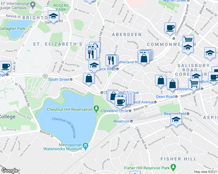 map of restaurants, bars, coffee shops, grocery stores, and more near 1848 Commonwealth Avenue in Boston