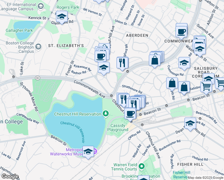 map of restaurants, bars, coffee shops, grocery stores, and more near 1848 Commonwealth Avenue in Boston