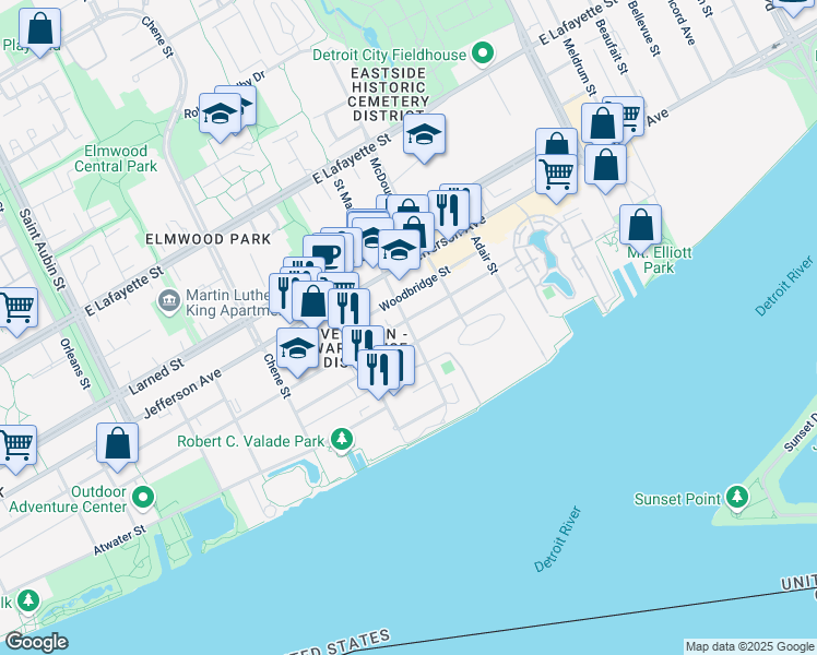 map of restaurants, bars, coffee shops, grocery stores, and more near 2987 Franklin Street in Detroit