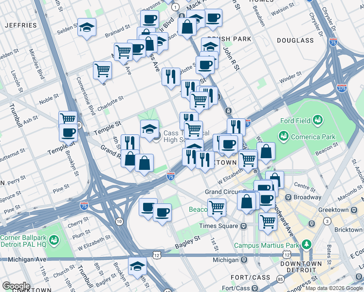 map of restaurants, bars, coffee shops, grocery stores, and more near 448 Henry Street in Detroit
