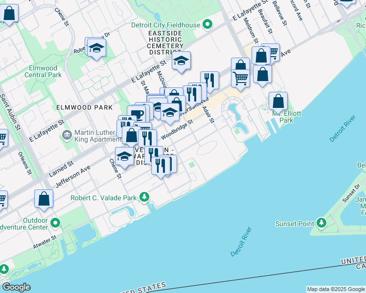 map of restaurants, bars, coffee shops, grocery stores, and more near 250 McDougall Street in Detroit