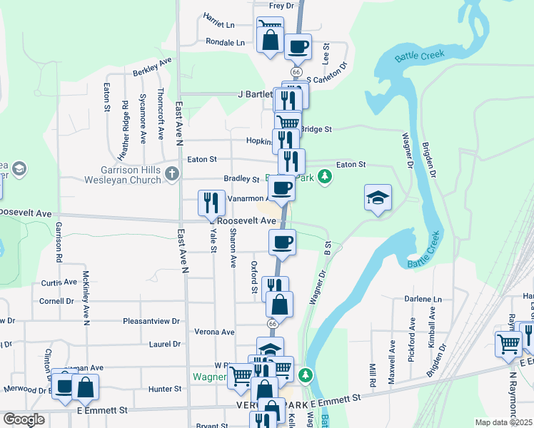 map of restaurants, bars, coffee shops, grocery stores, and more near 739 East Roosevelt Avenue in Battle Creek