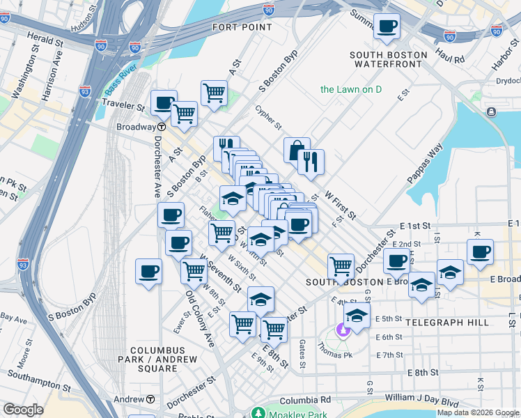 map of restaurants, bars, coffee shops, grocery stores, and more near D Street & West Broadway in Boston