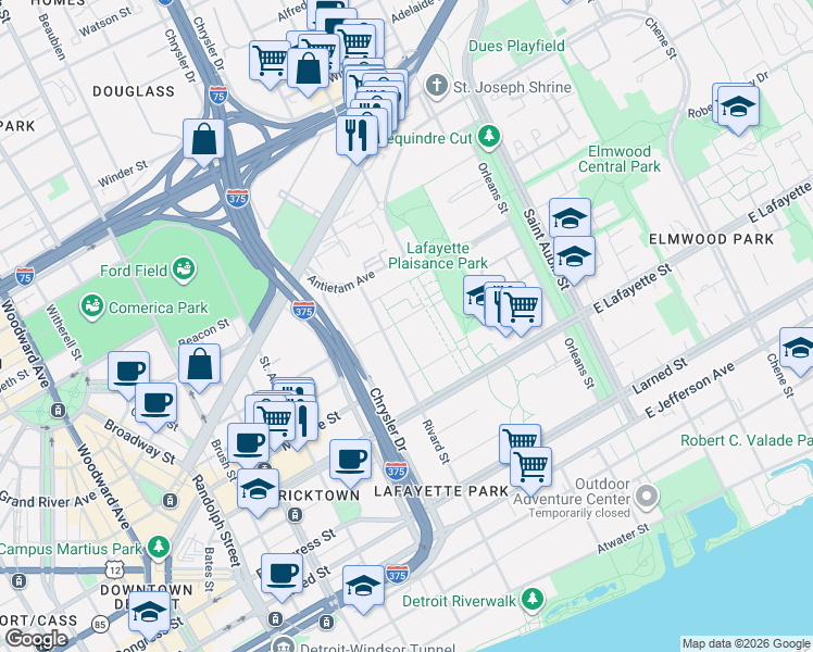 map of restaurants, bars, coffee shops, grocery stores, and more near 1324 Nicolet Place in Detroit