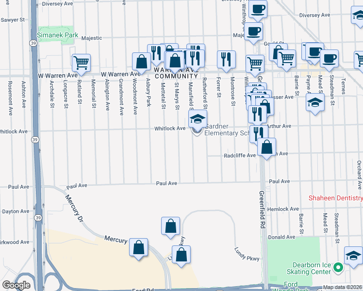 map of restaurants, bars, coffee shops, grocery stores, and more near 6481 Saint Marys Street in Detroit