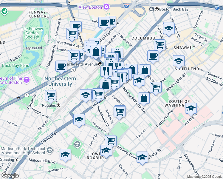 map of restaurants, bars, coffee shops, grocery stores, and more near 791 Tremont Street in Boston