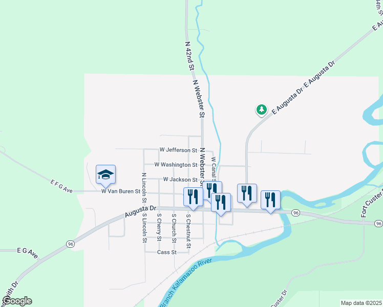 map of restaurants, bars, coffee shops, grocery stores, and more near 107 West Jefferson Street in Augusta