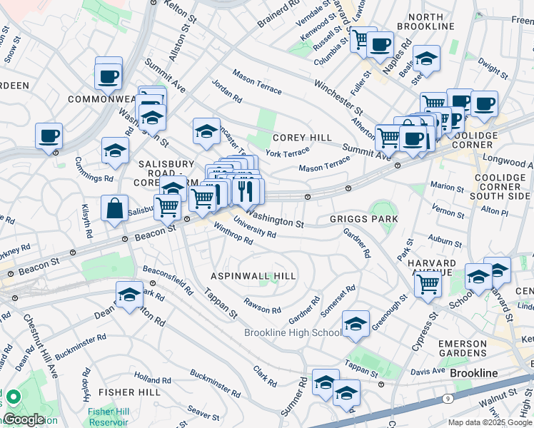 map of restaurants, bars, coffee shops, grocery stores, and more near 1581 Beacon Street in Brookline