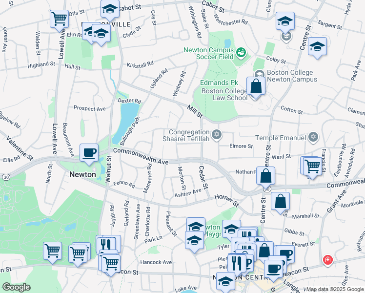 map of restaurants, bars, coffee shops, grocery stores, and more near 36 Vineyard Road in Newton