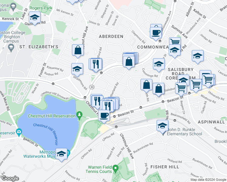 map of restaurants, bars, coffee shops, grocery stores, and more near Sutherland Road in Boston