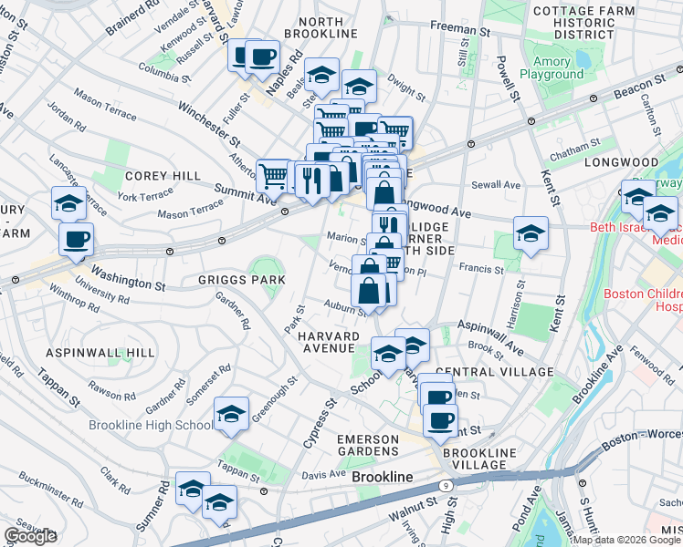 map of restaurants, bars, coffee shops, grocery stores, and more near 27 Vernon Street in Brookline