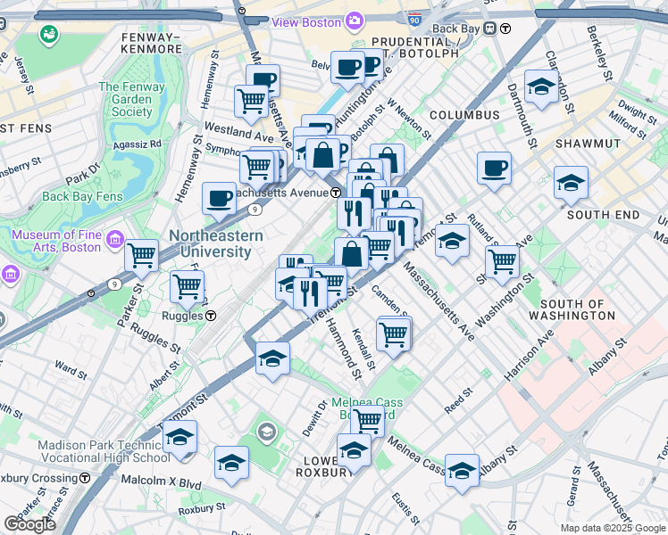 map of restaurants, bars, coffee shops, grocery stores, and more near 650 Columbus Avenue in Boston