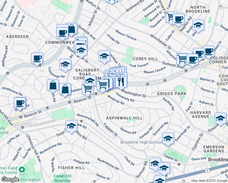 map of restaurants, bars, coffee shops, grocery stores, and more near in Brookline