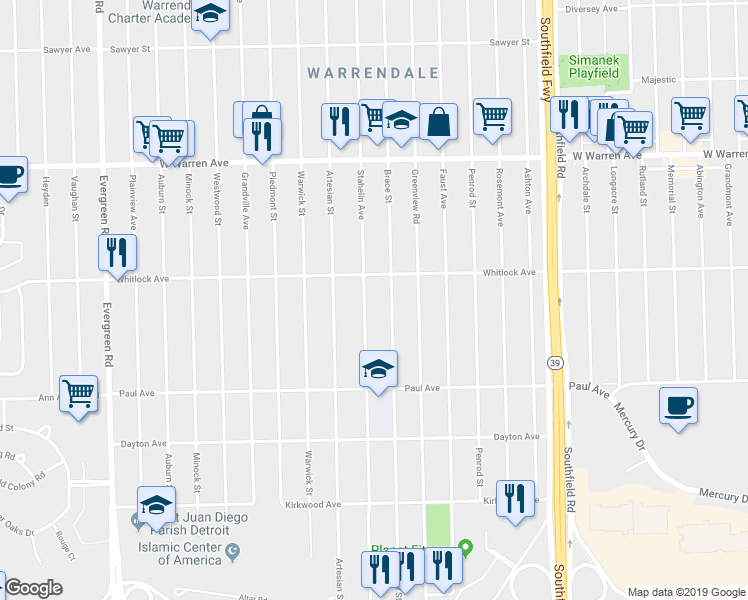 map of restaurants, bars, coffee shops, grocery stores, and more near 6500 Stahelin Avenue in Detroit