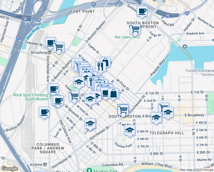 map of restaurants, bars, coffee shops, grocery stores, and more near 227 West 3rd Street in Boston