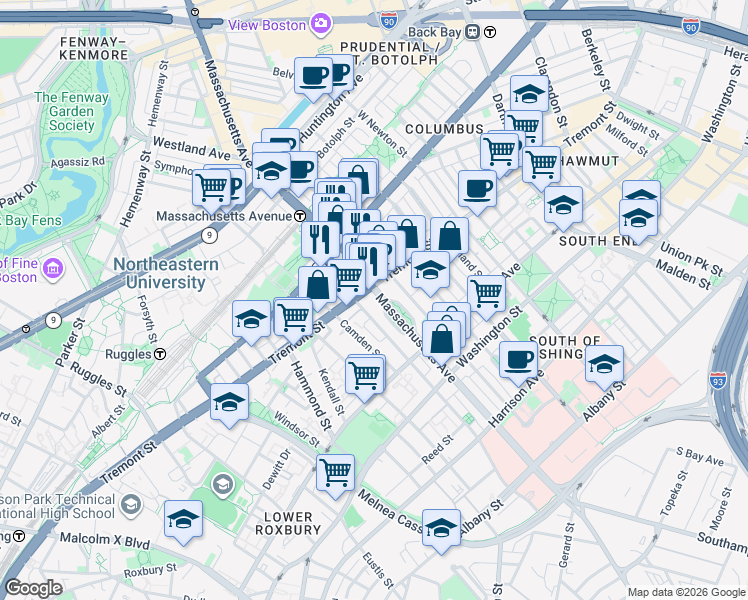 map of restaurants, bars, coffee shops, grocery stores, and more near in Boston