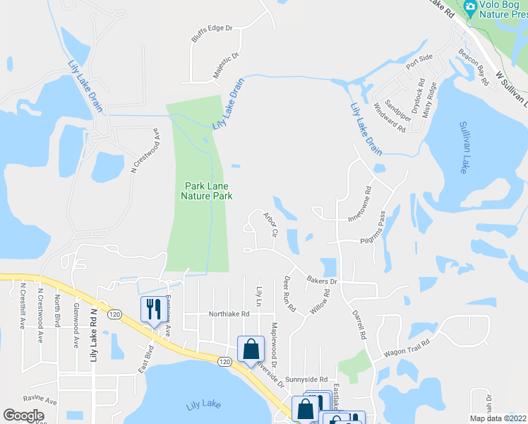 map of restaurants, bars, coffee shops, grocery stores, and more near 659 Arbor Circle in Lakemoor