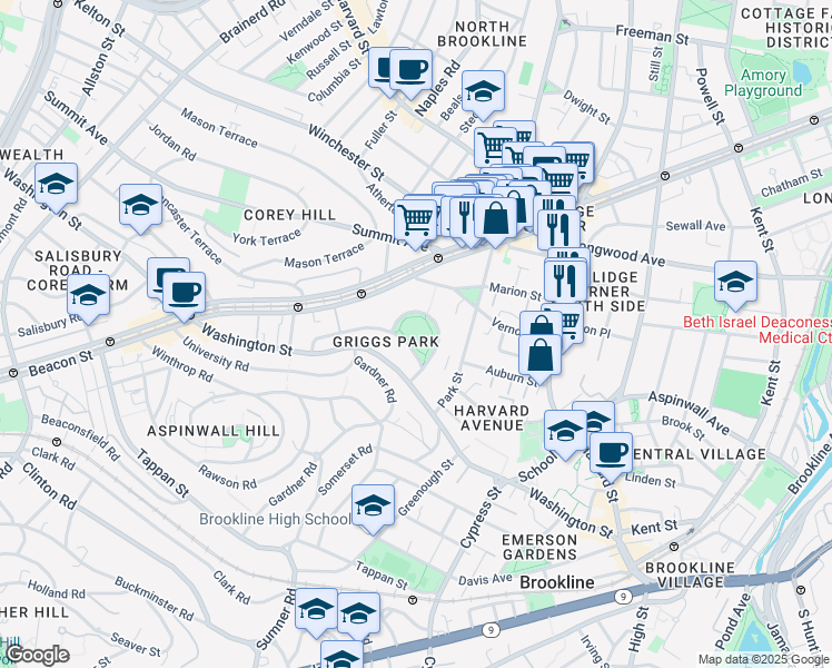 map of restaurants, bars, coffee shops, grocery stores, and more near 33 Griggs Road in Brookline