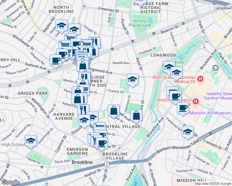 map of restaurants, bars, coffee shops, grocery stores, and more near 99 Perry Street in Brookline