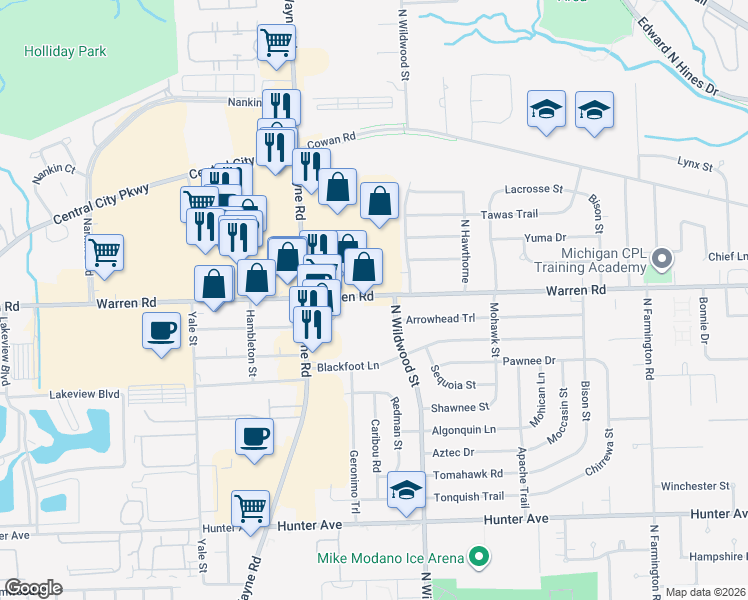 map of restaurants, bars, coffee shops, grocery stores, and more near 35107 Warren Road in Westland