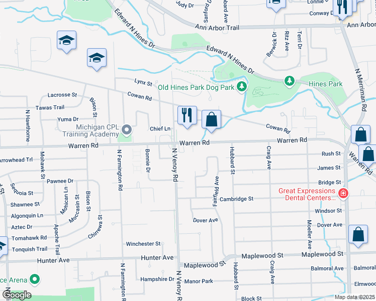 map of restaurants, bars, coffee shops, grocery stores, and more near 32777 Warren Road in Garden City