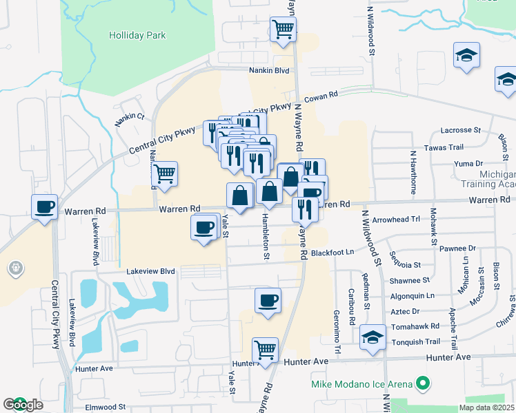 map of restaurants, bars, coffee shops, grocery stores, and more near 35052 Warren Road in Westland