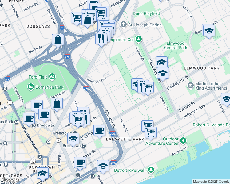 map of restaurants, bars, coffee shops, grocery stores, and more near 1324 Nicolet Place in Detroit