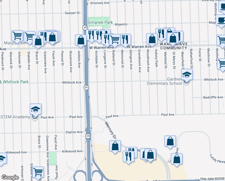 map of restaurants, bars, coffee shops, grocery stores, and more near 6499 Rutland Street in Detroit