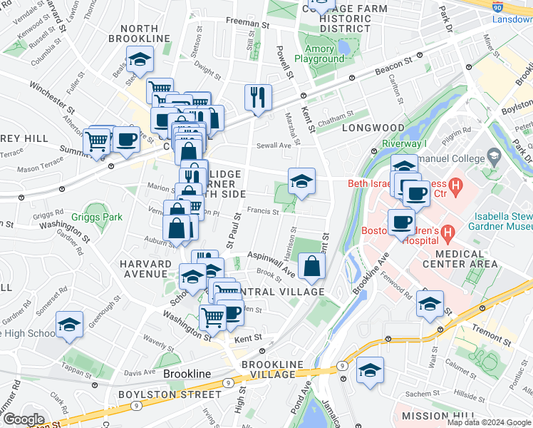 map of restaurants, bars, coffee shops, grocery stores, and more near 80 Francis Street in Brookline