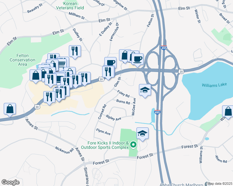 map of restaurants, bars, coffee shops, grocery stores, and more near 7 Conrad Road in Marlborough