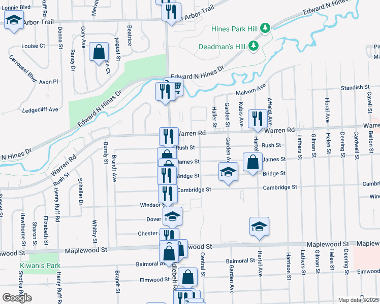 map of restaurants, bars, coffee shops, grocery stores, and more near 29119 Rush Street in Garden City
