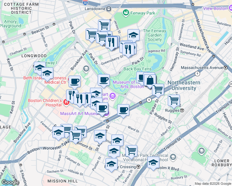 map of restaurants, bars, coffee shops, grocery stores, and more near in Boston