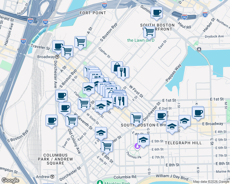map of restaurants, bars, coffee shops, grocery stores, and more near 227 West 3rd Street in Boston