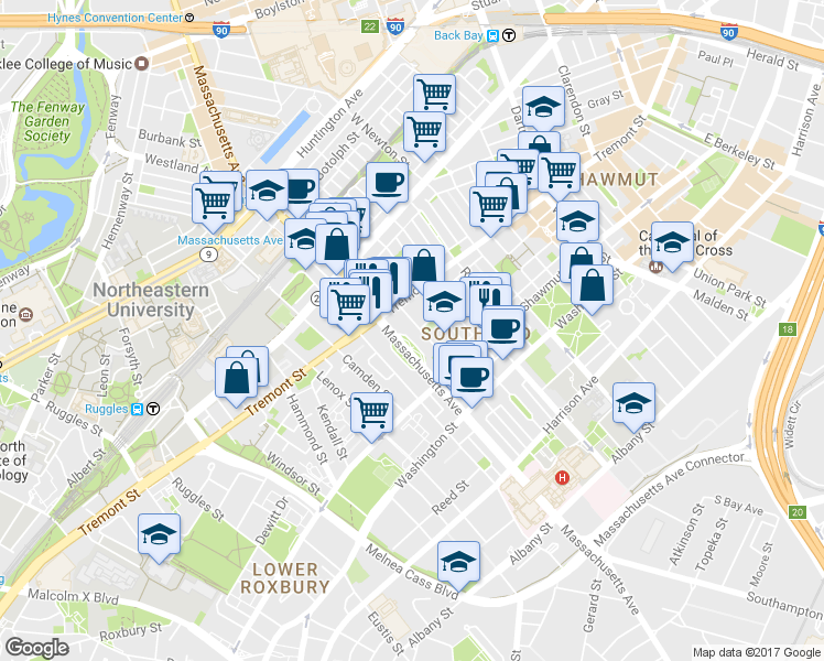 map of restaurants, bars, coffee shops, grocery stores, and more near in Boston