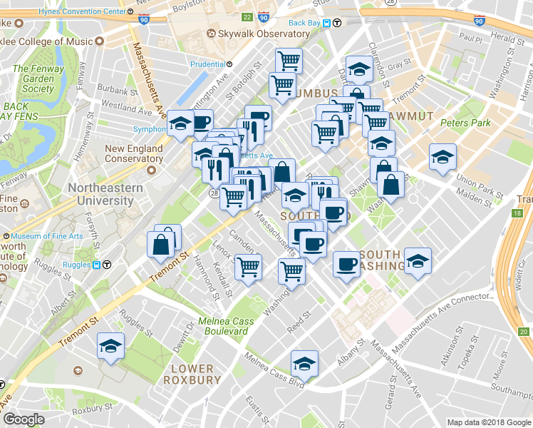map of restaurants, bars, coffee shops, grocery stores, and more near in Boston