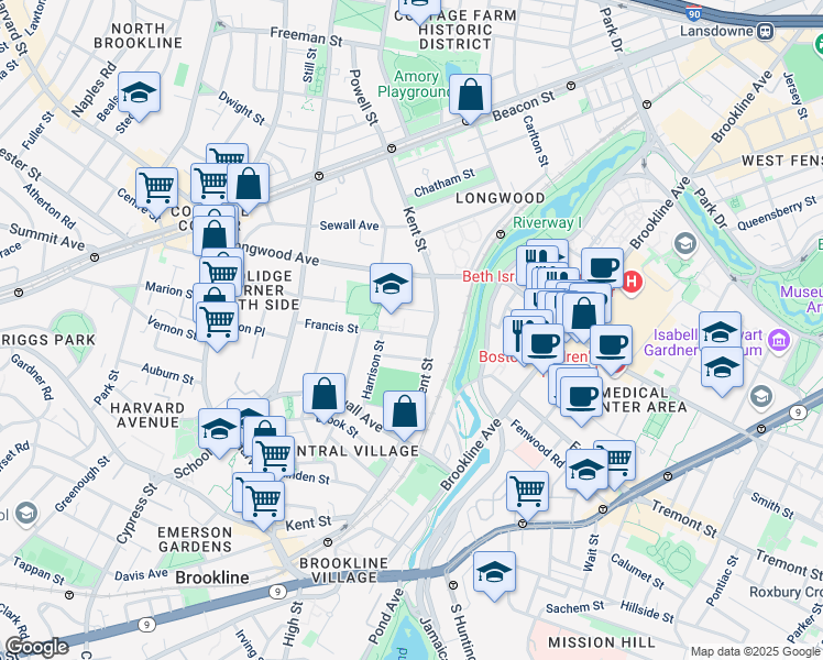 map of restaurants, bars, coffee shops, grocery stores, and more near 15 Francis Street in Brookline