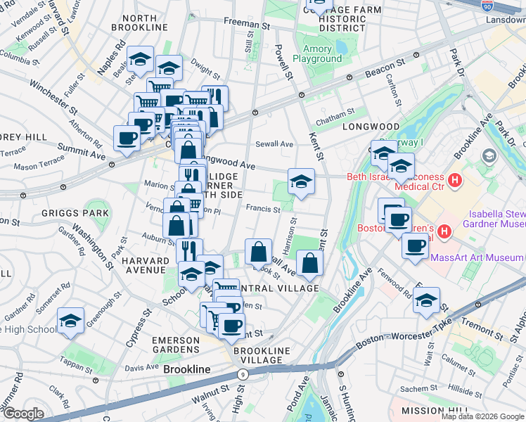 map of restaurants, bars, coffee shops, grocery stores, and more near 80 Francis Street in Brookline