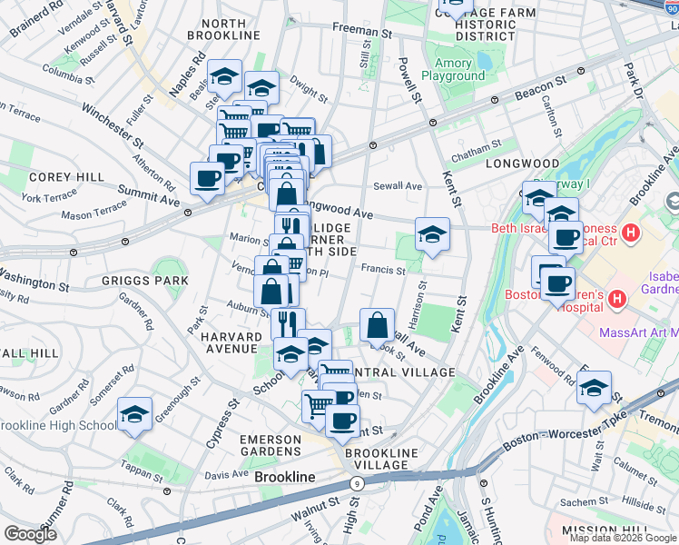map of restaurants, bars, coffee shops, grocery stores, and more near 65 Saint Paul Street in Brookline