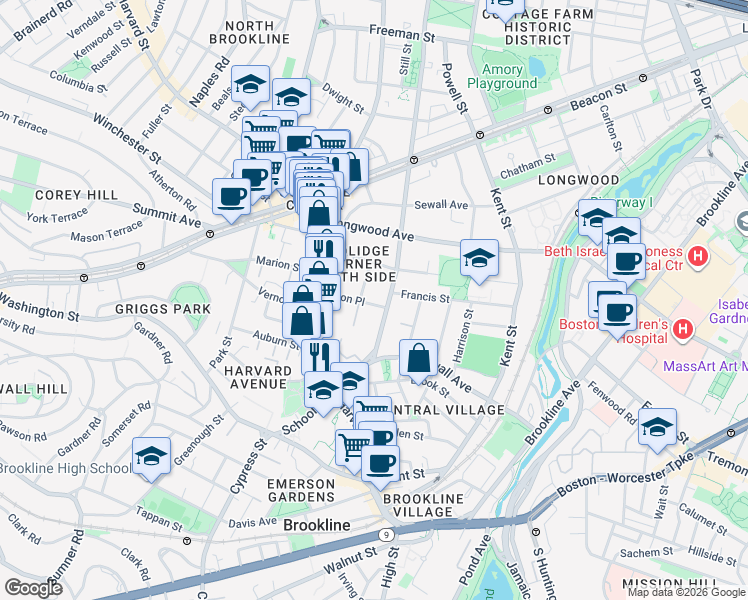 map of restaurants, bars, coffee shops, grocery stores, and more near 65 Saint Paul Street in Brookline