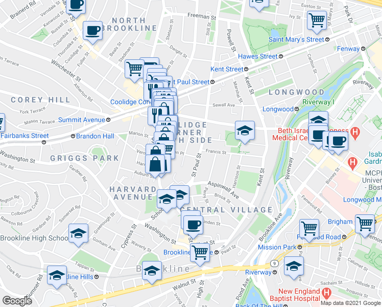 map of restaurants, bars, coffee shops, grocery stores, and more near 36 Alton Place in Brookline